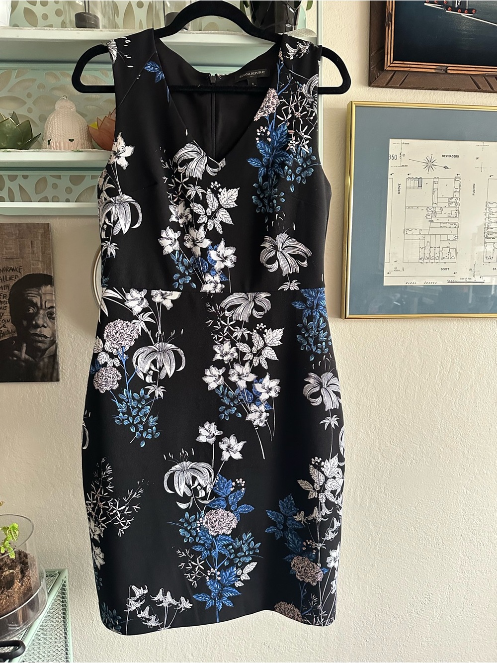 Banana Republic Black Midi Dress with Blue & White Floral Print